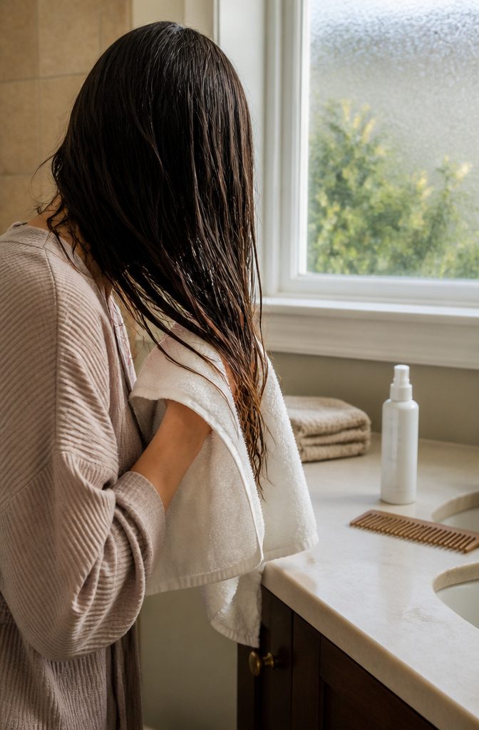 Damp hair resting against an absorbent towel in a bathroom