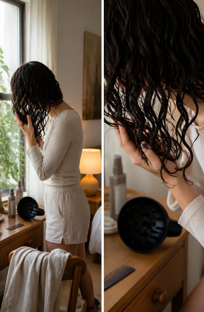 Hands scrunching damp curls upward toward the roots