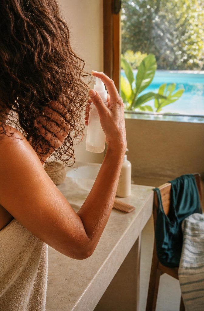 Hand smoothing leave-in conditioner through dry hair