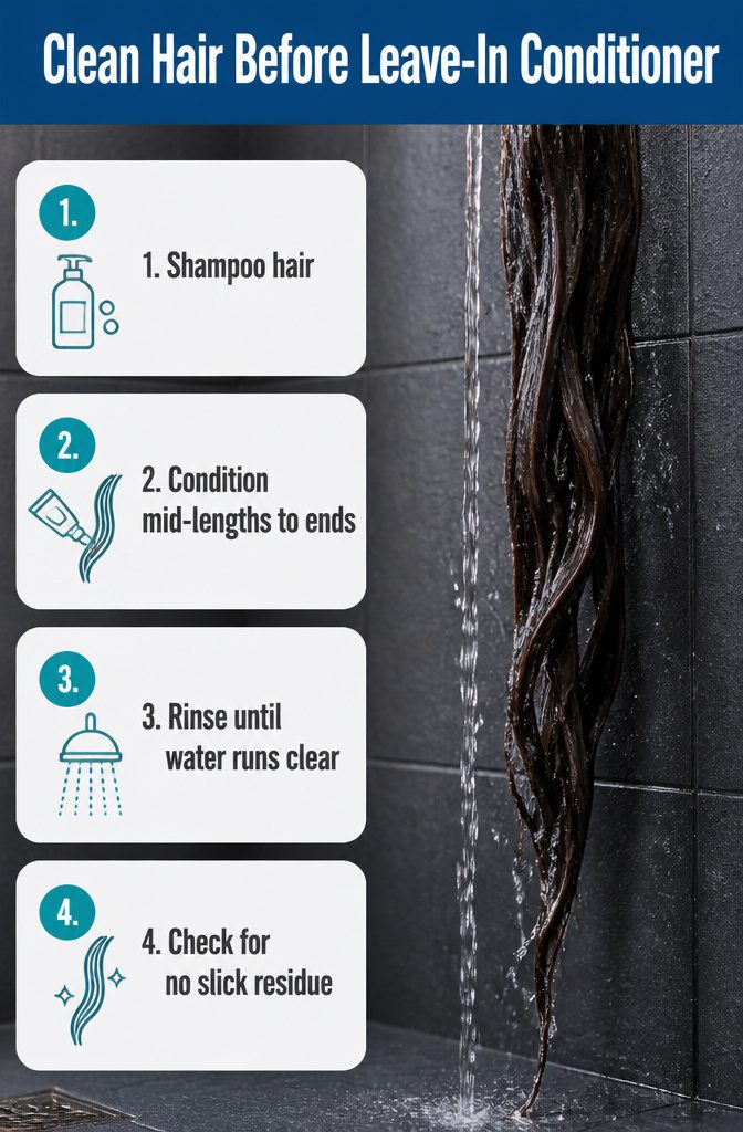 Freshly washed hair beneath running shower water