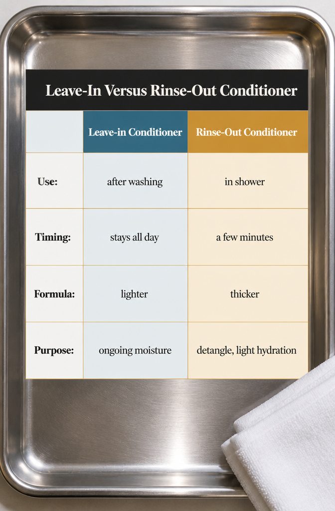 Leave-in and rinse-out conditioner products shown side by side