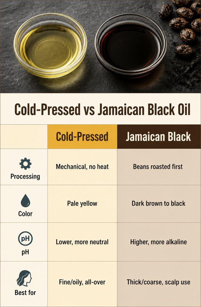 Beauty infographic comparing cold-pressed and Jamaican black castor oil