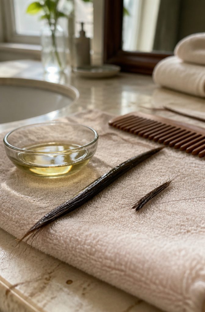 Castor oil beside hair strands in a photo about hair growth claims