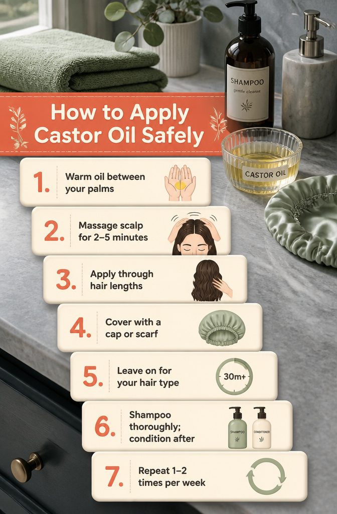 Beauty infographic with steps for applying castor oil to hair and scalp