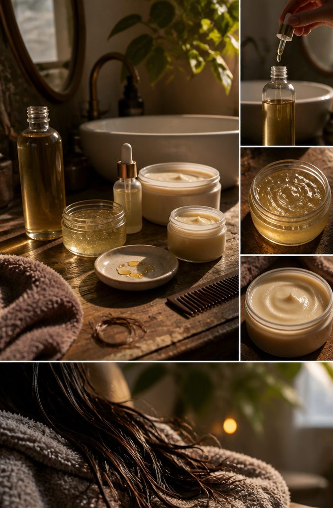 Castor oil hair products arranged for a hair care article