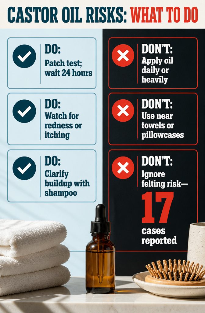 Beauty infographic listing castor oil risks and what to do