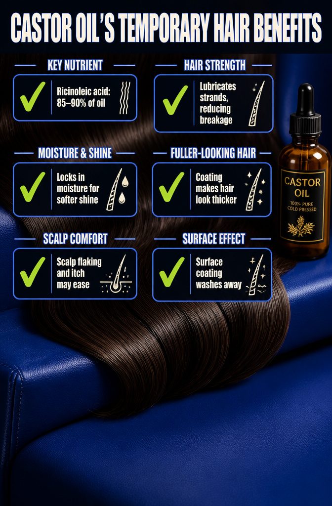 Beauty infographic listing temporary hair benefits of castor oil