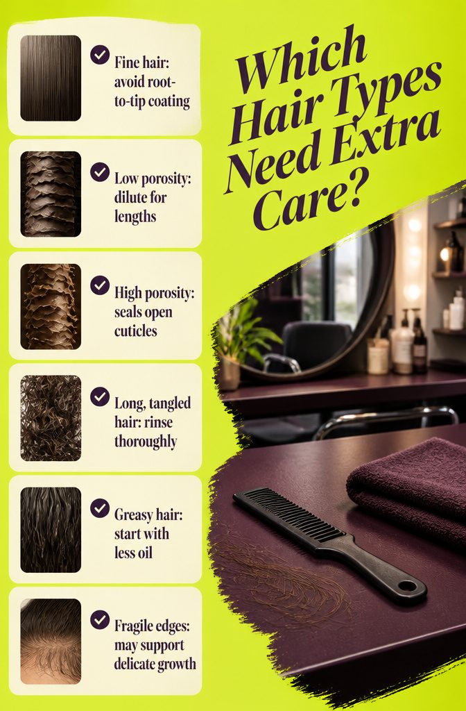 Beauty infographic listing hair types that need extra care with castor oil