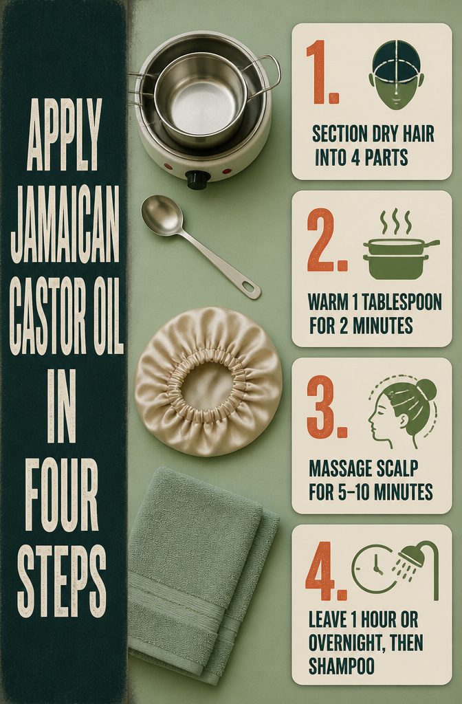 Castor oil application graphic with four numbered steps