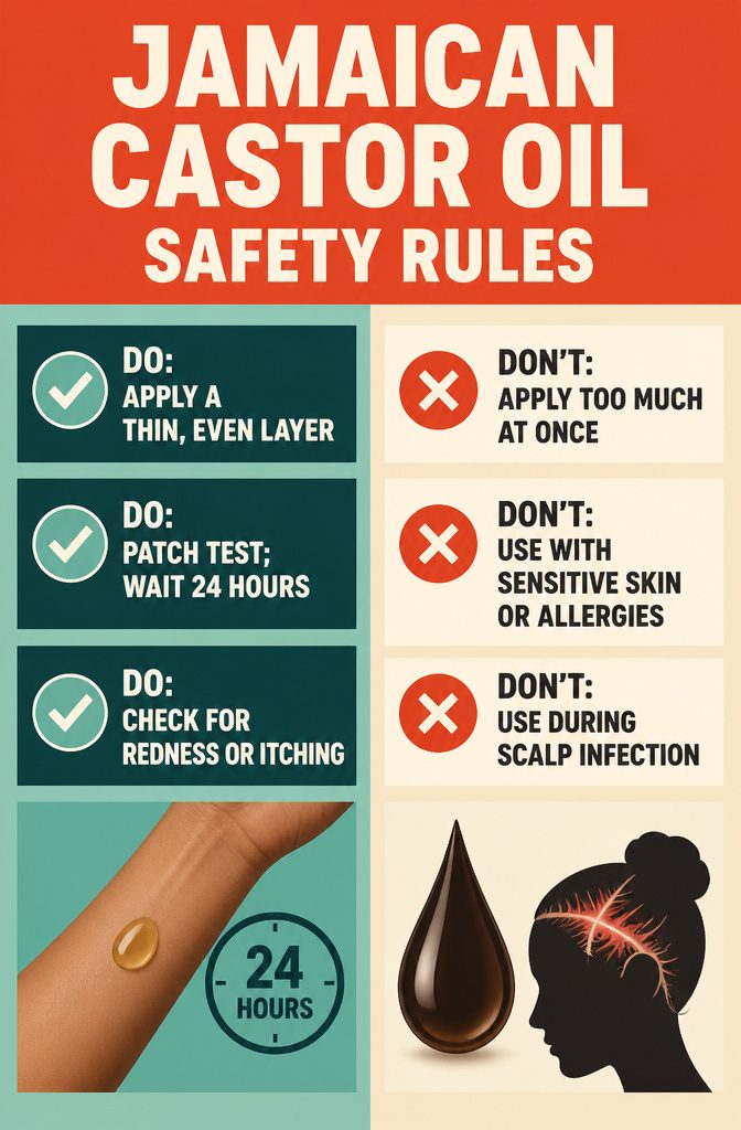 Castor oil safety graphic with patch testing and use guidance