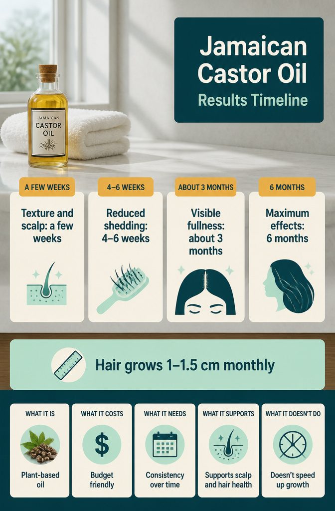 Castor oil results timeline graphic with stages of hair changes