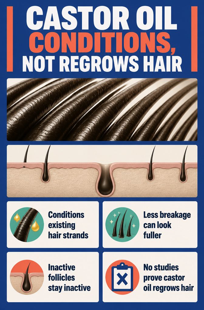 Castor oil graphic with text about conditioning hair, not regrowth