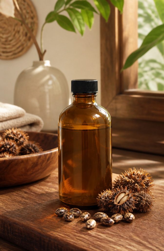 Jamaican castor oil bottle in a professional editorial setting