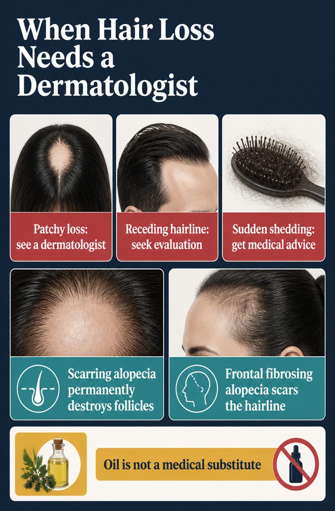 Hair loss graphic listing signs that call for a dermatologist