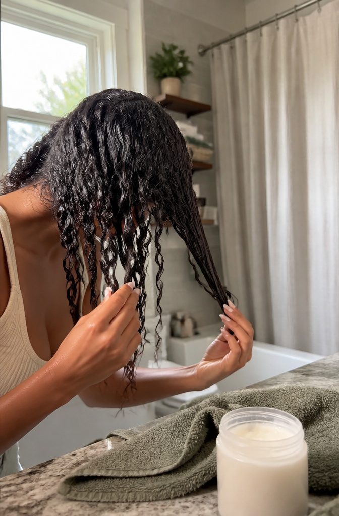 Wet curly hair divided into sections with glossy spiral clumps and water droplets