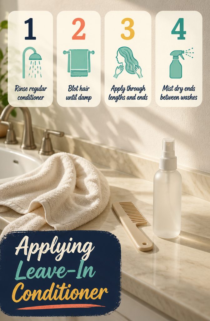 Beauty information graphic about applying leave-in conditioner after washing