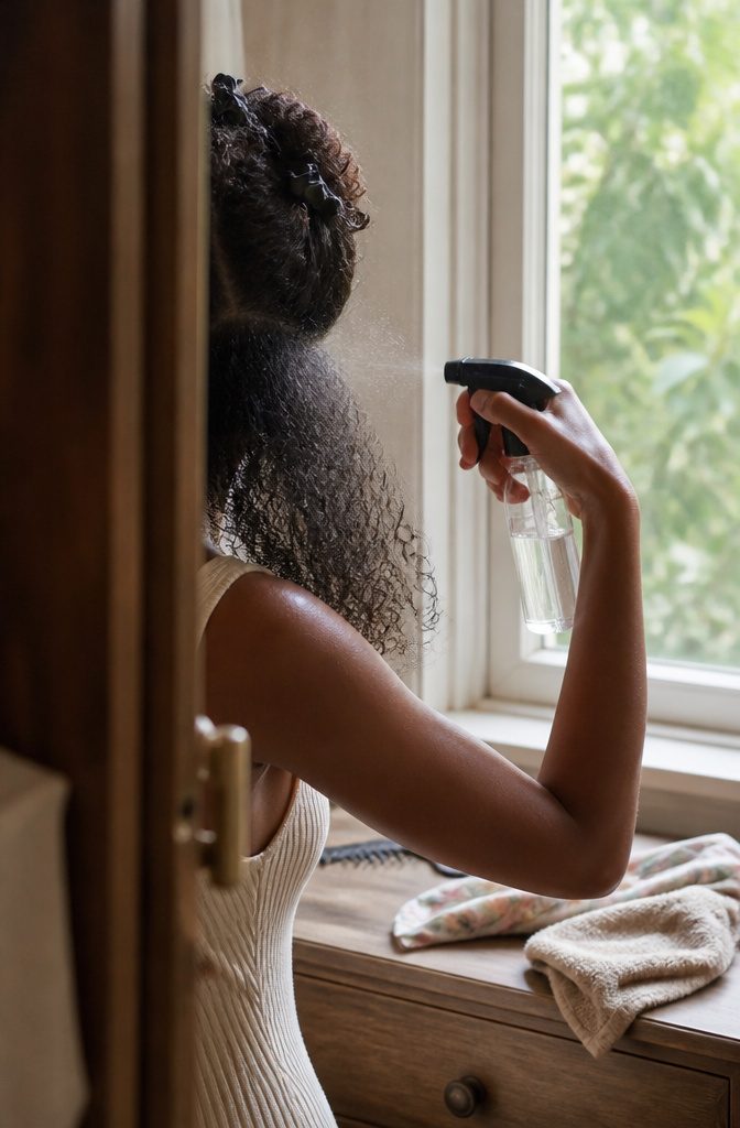 Curly hair being refreshed between washes with water and leave-in conditioner