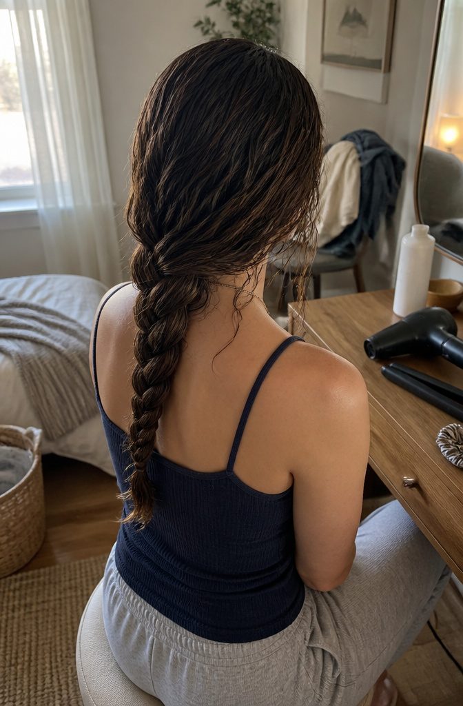 Damp hair woven into a loose braid along the shoulder and back