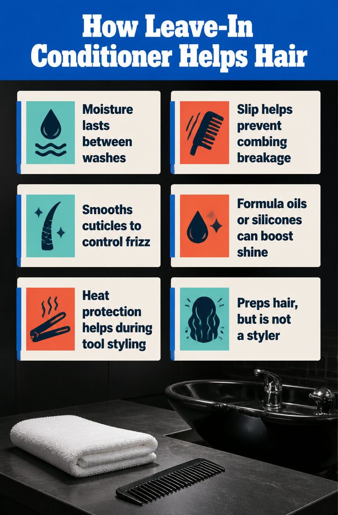 Beauty information graphic about leave-in conditioner and its effects on hair