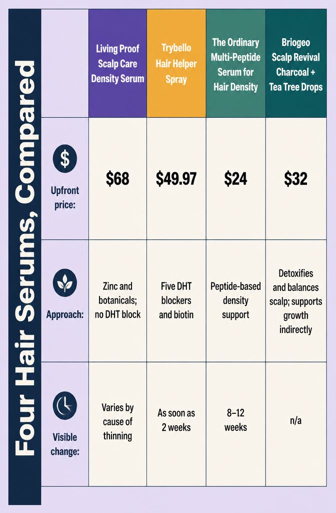 Beauty comparison chart listing four hair serums with prices and approaches