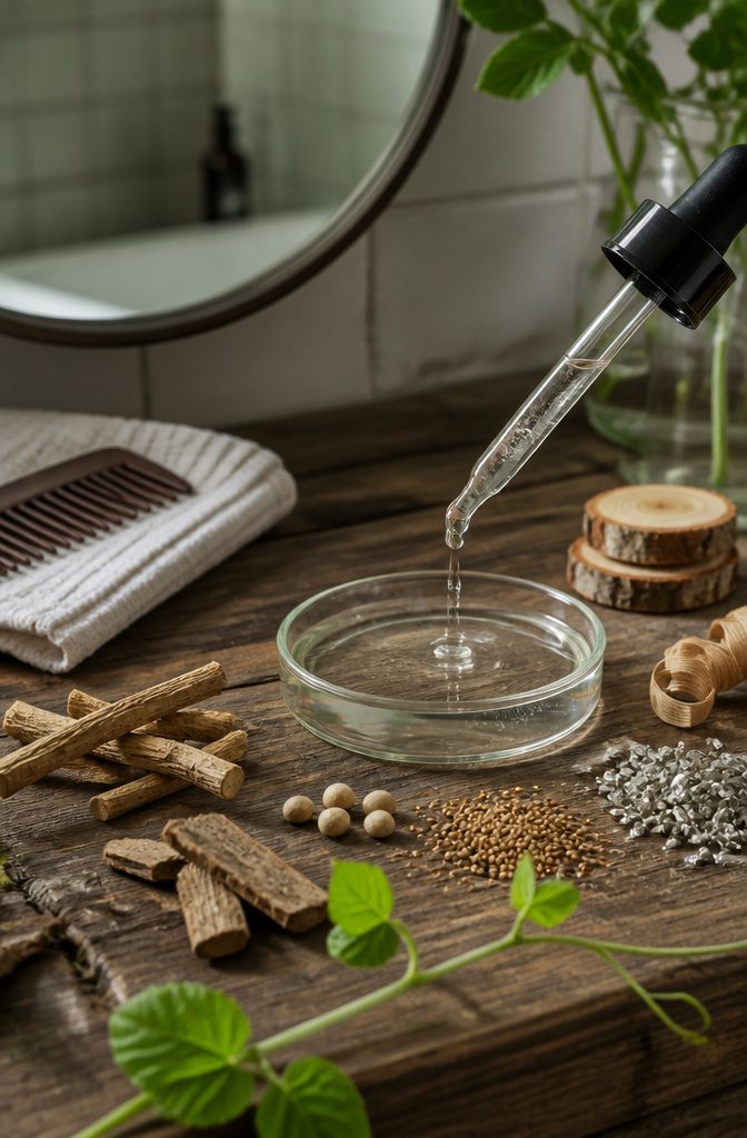Serum drop above a dish with mineral granules licorice root pea seeds and sprouts