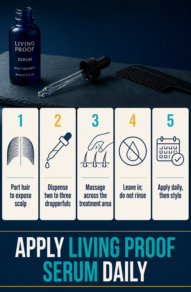 Beauty guide illustrating how to part hair and apply scalp serum