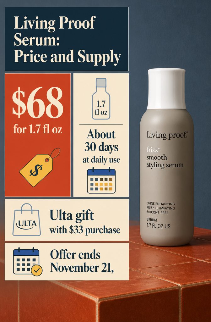 Beauty guide showing Living Proof serum price and bottle supply details