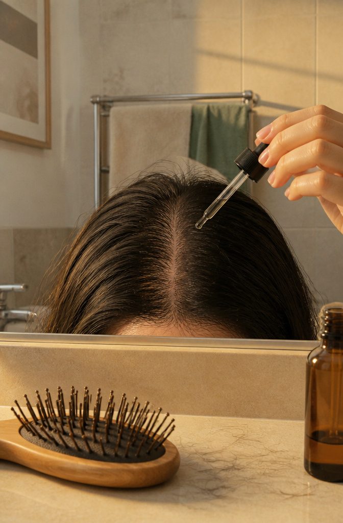 Person’s crown and hairline with short new hairs visible above the nose