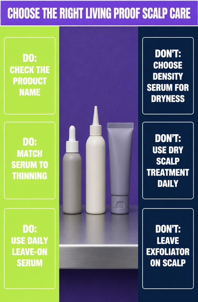 Beauty guide comparing Living Proof density serum dry scalp treatment and exfoliator