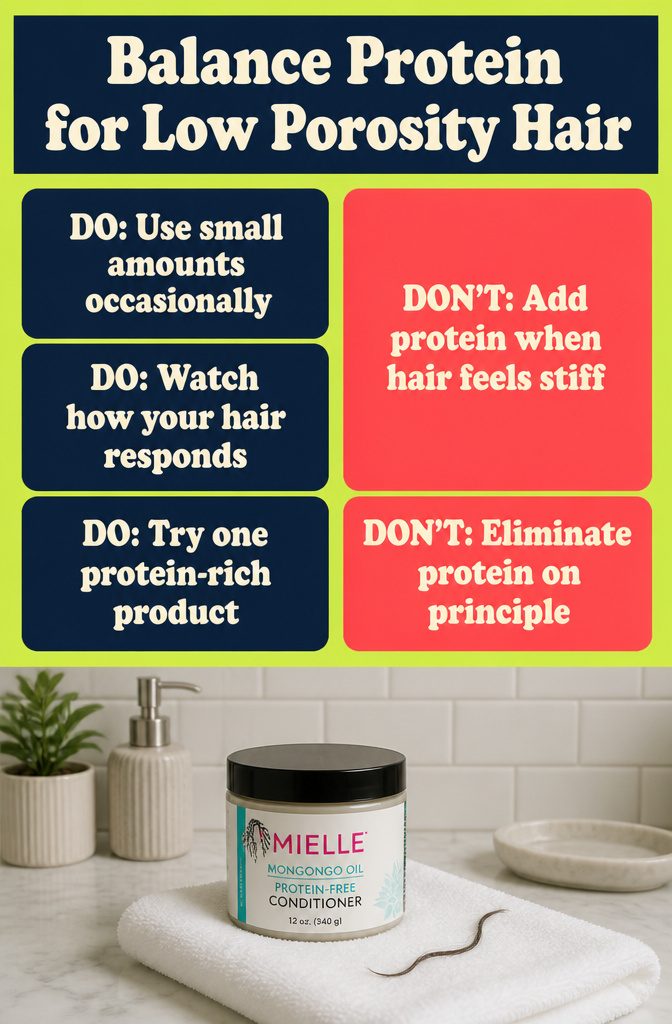 Beauty graphic titled Balance Protein for Low Porosity Hair