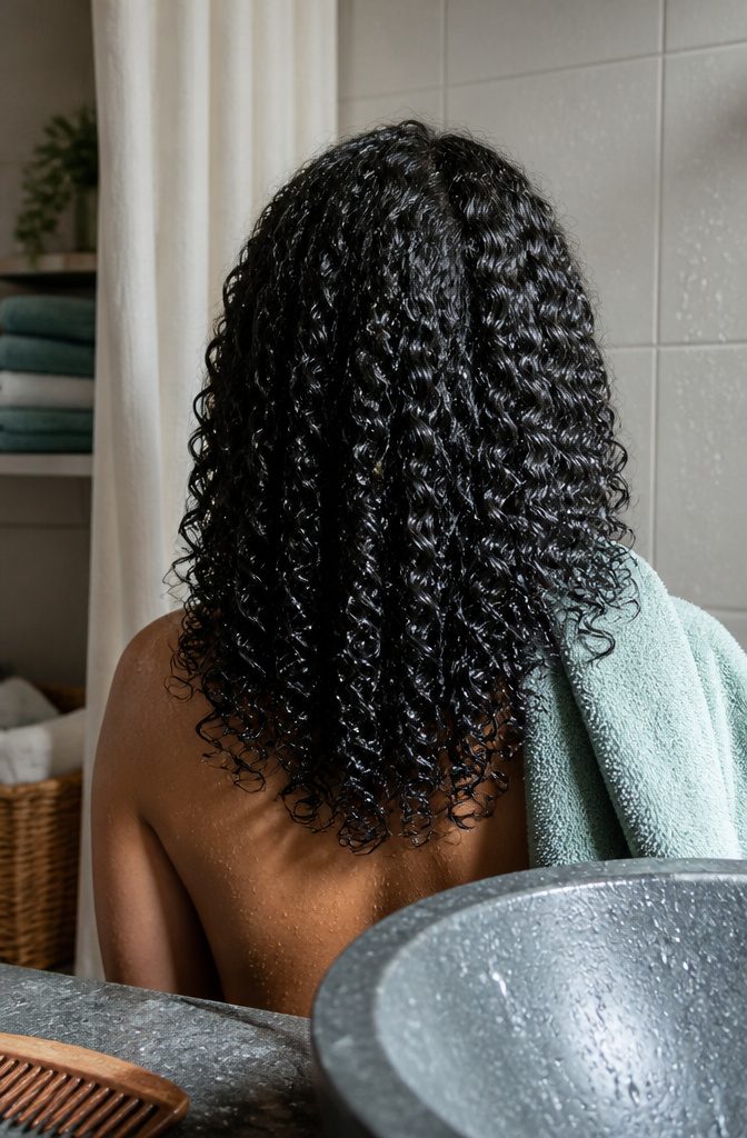 Dark defined curls with water beads and a faint coating near the ends
