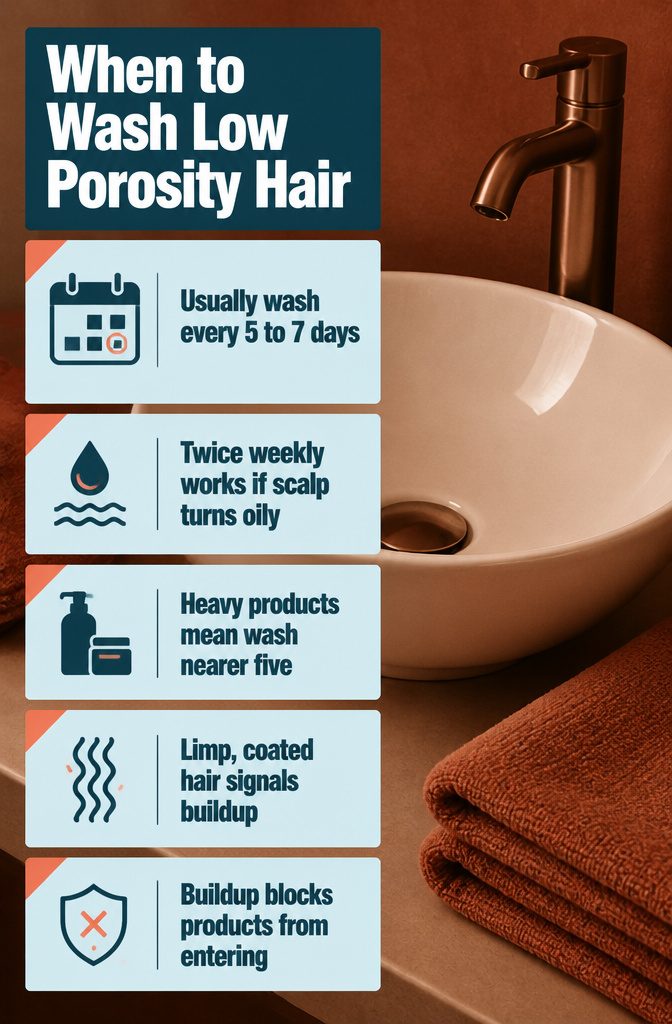 Beauty graphic titled When to Wash Low Porosity Hair