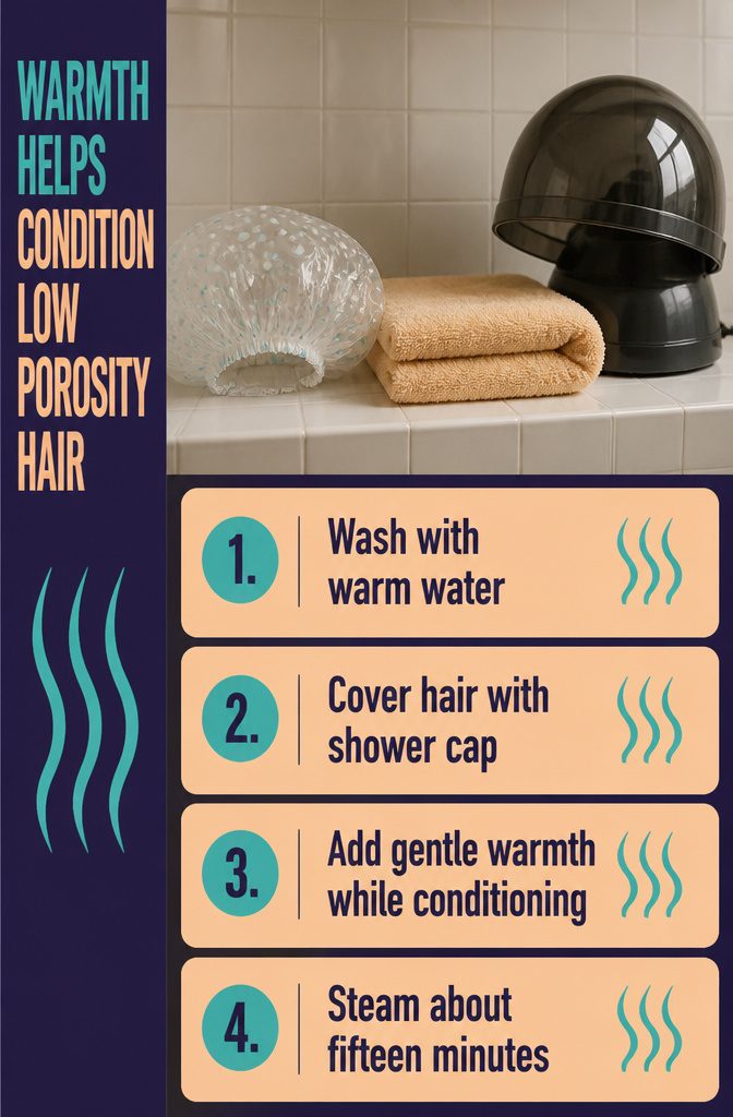 Beauty graphic titled Warmth Helps Condition Low Porosity Hair