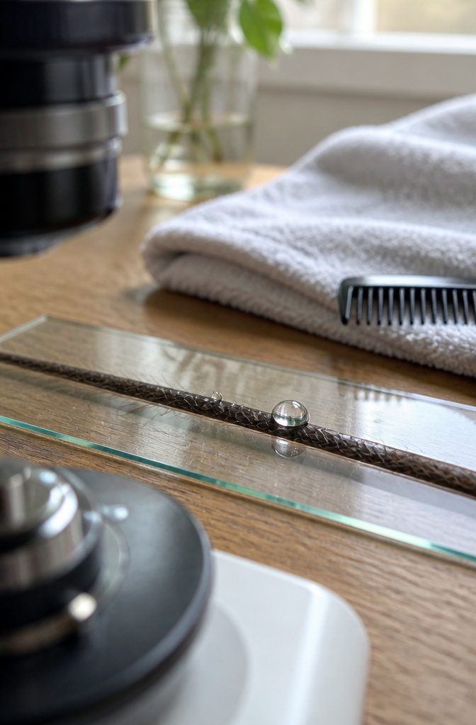 Magnified natural hair strand with flat overlapping cuticle scales and clear water beads