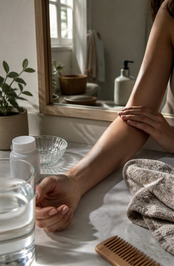 Woman’s forearm and hand beside an unbranded supplement bottle, folded towel, and glass dish