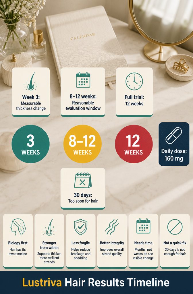Beauty information graphic titled Lustriva Hair Results Timeline