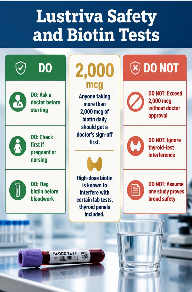 Beauty information graphic titled Lustriva Safety and Biotin Tests