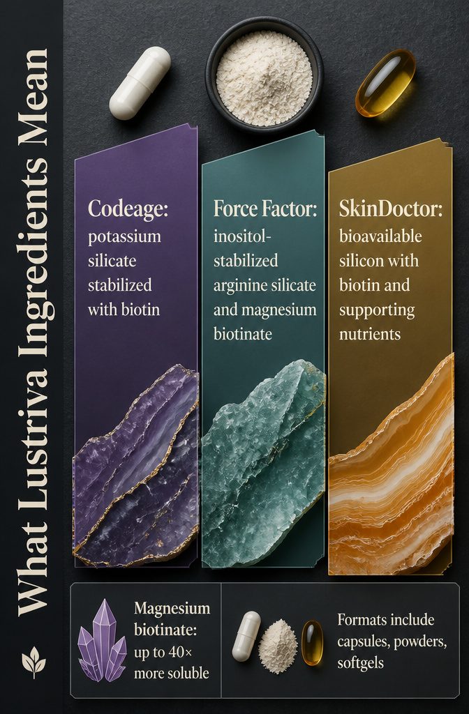 Beauty information graphic titled What Lustriva Ingredients Mean