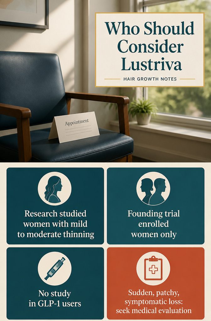 Beauty information graphic titled Who Should Consider Lustriva