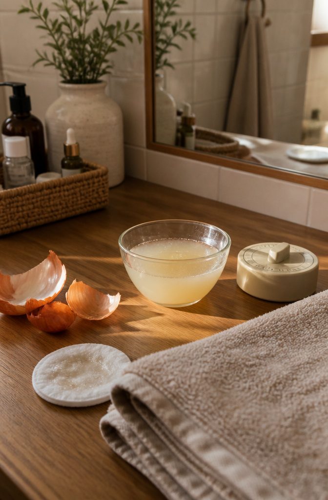 Bowl of onion juice beside a plain timer and folded towel
