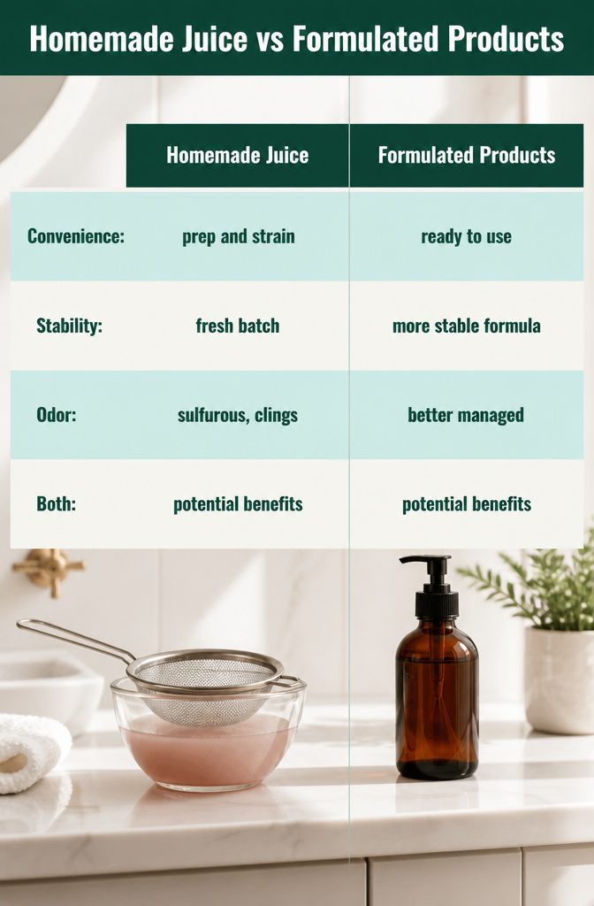 Comparison graphic showing homemade onion juice and formulated hair products
