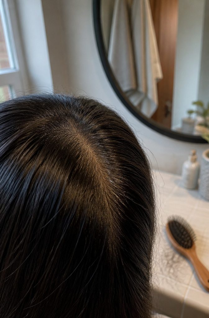 Close view of short new hairs among longer strands at a scalp part