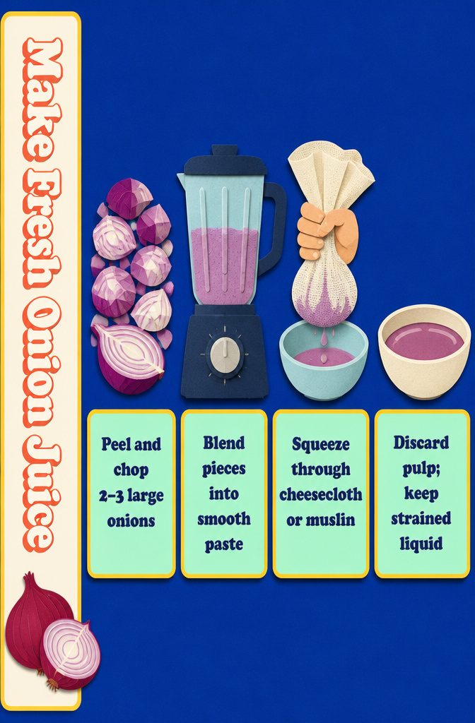 Fresh onion juice preparation graphic with chopped onions and straining steps