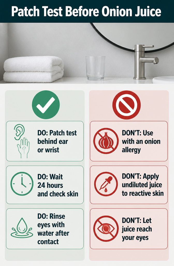 Patch test graphic showing where to test onion juice before scalp use