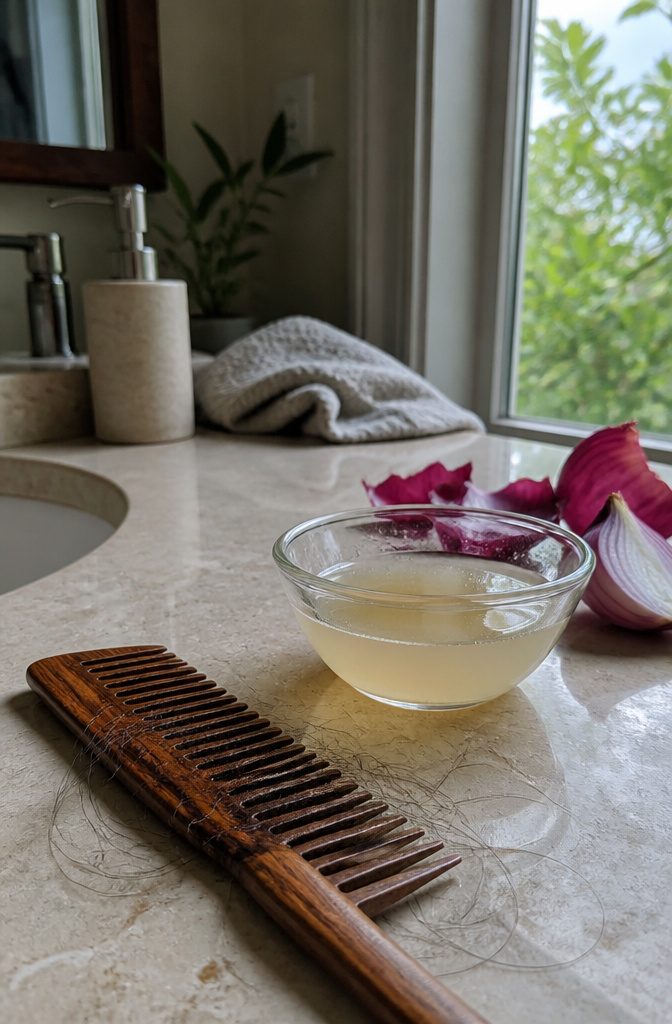 Pale onion juice beside onion layers and a wooden comb with loose strands