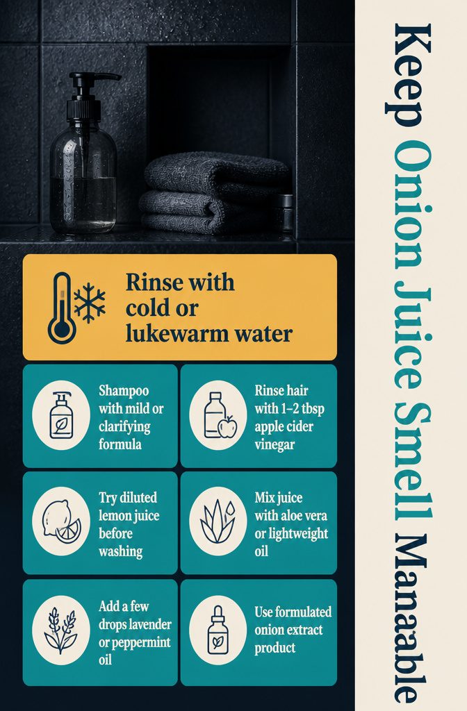Onion smell advice graphic with steps for rinsing and washing hair
