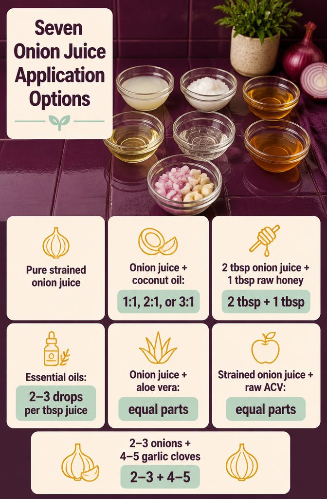 Onion juice application graphic listing 7 mixture and use options