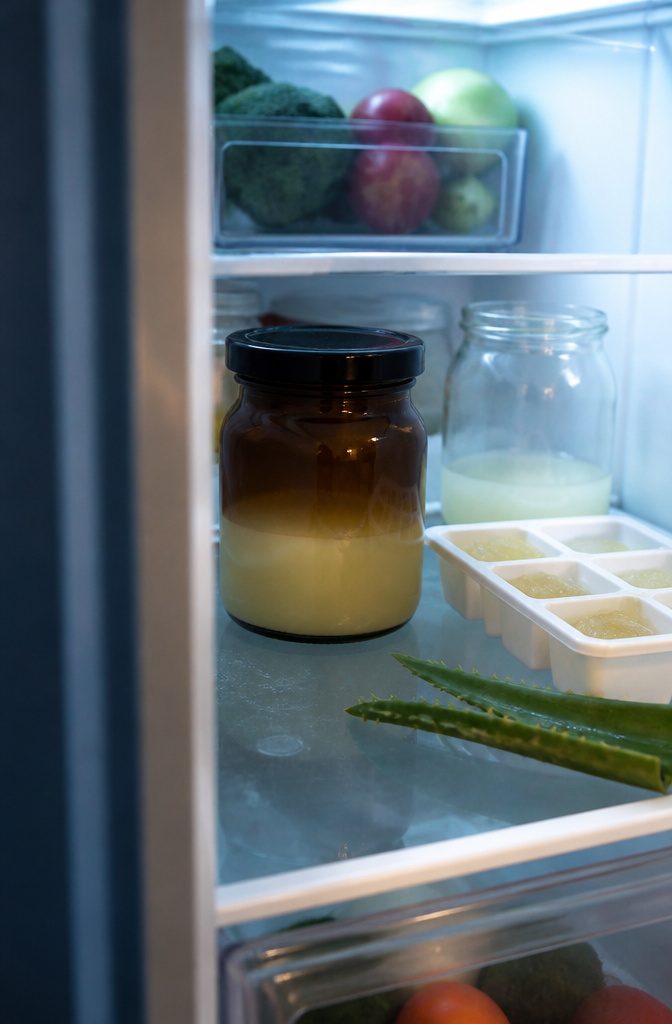 Dark glass container of onion juice beside an ice-cube tray on a refrigerator shelf