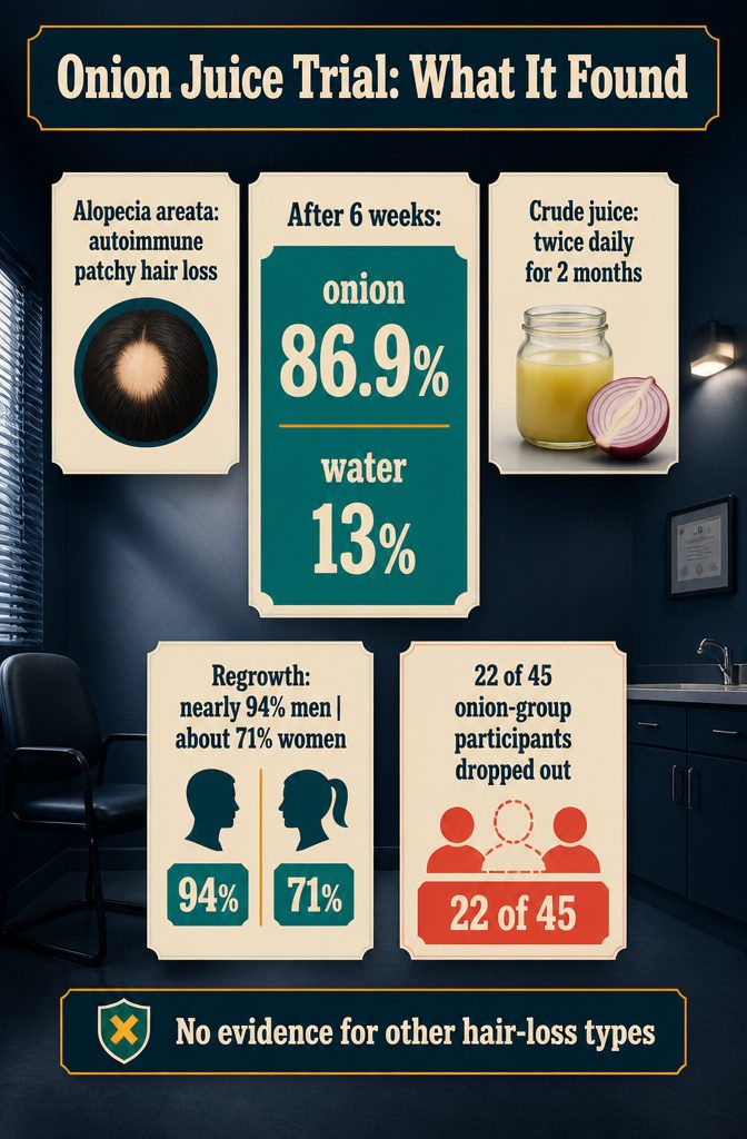 Onion juice trial graphic with findings for people with alopecia areata
