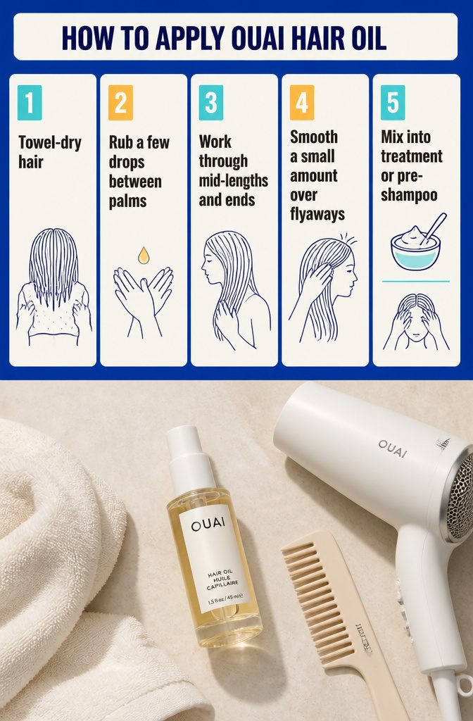 Beauty guide graphic titled How to Apply OUAI Hair Oil